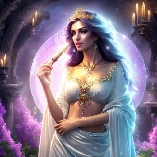 Prompt: HD 4k 3D 8k professional modeling photo hyper realistic beautiful woman ethereal greek goddess of truce
short lilac hair blue eyes gorgeous face olive skin beautiful shimmering grecian dress and cloak diadem jewelry holding scroll and torch full body surrounded by magical glowing light hd landscape background falling snow in forest 