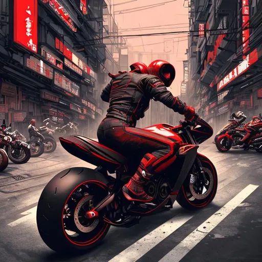 Prompt: Lowered motorbike, black and red, big back tire, look sporty, street fighter, awesome body part with taging, High resolution, High quality, 3D viewing modes, background busy cyberpunk city with people, HD definitely, 3D Anime Art