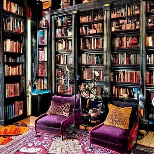 Prompt: A dark, private, hidden, large library adorned in jewel tones, and decorated with candles, incense, art, crystals, occult objects, and velvety, rich textures. It is clean, well-organized, and decadently supplied.