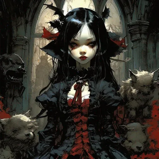 Prompt: "Perfect Gothic Vampire Girl Kim Jung Gi, Jean Baptiste Monge, Yoji Shinkawa, Yoshitaka Amano, Ilya Kuvshinov, Jeremy Mann, Liz Gael, Chugong, Oda Anti-Aliasing, FXAA, Post-Production, SFX, insanely detailed and intricate, hypermaximalist, elegant, ornate, hyperrealistic, super detailed, serene, 16k resolution"