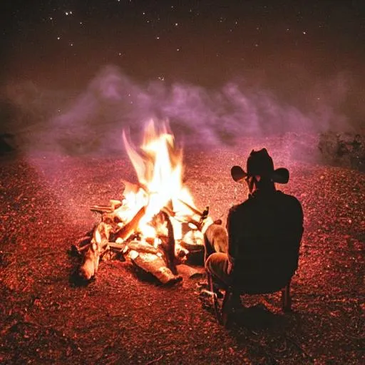 Prompt: Cowboy sitting next to a campfire at night