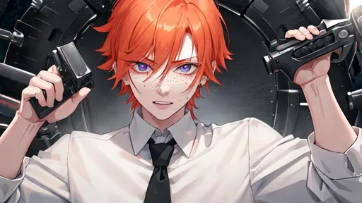 Prompt: Erikku male (short ginger hair, freckles, right eye blue left eye purple) UHD, 8K, Highly detailed, insane detail, best quality, high quality. As the godfather, mafia, crime lord, holding a chainsaw