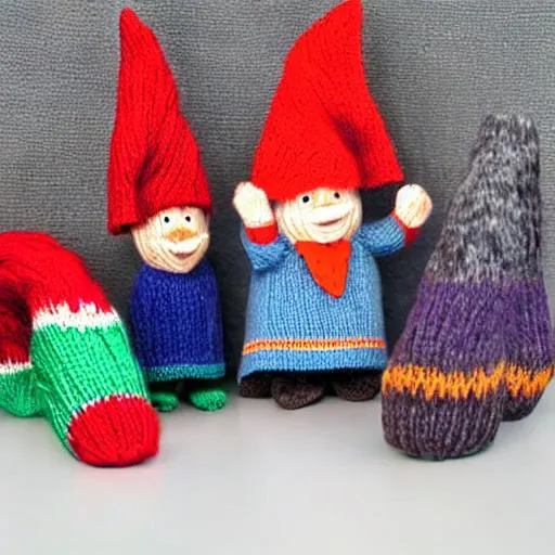 Prompt: Giants knitting with gnomes
