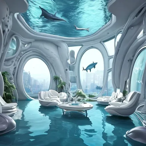 Prompt: a living room filled with lots of white furniture, under water deep sea laboratory, multiple bright lights, reflections, many bizarre fish and sharks, stunning render, curved perspective, floor to ceiling window, ceiling of glass with portals and small submarine, scuba mask, 3d printed building, trending on pinterest，maximalist, inspired by Enguerrand Quarton, cephalopod, dubai, unreal engine 5 - w 1024