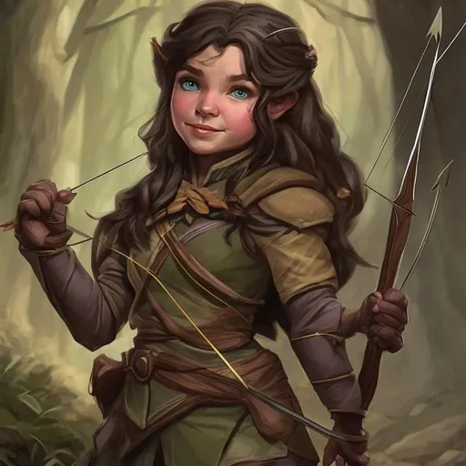 Prompt: female lightfoot halfling ranger dnd 5e dark hair with bow and arrows realistic


