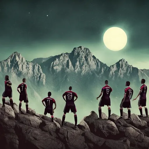 Prompt:  A epic photo of a mean looking and buff soccer team from a cliff looking at a mistily big mountain with the moon in the sky, back turned