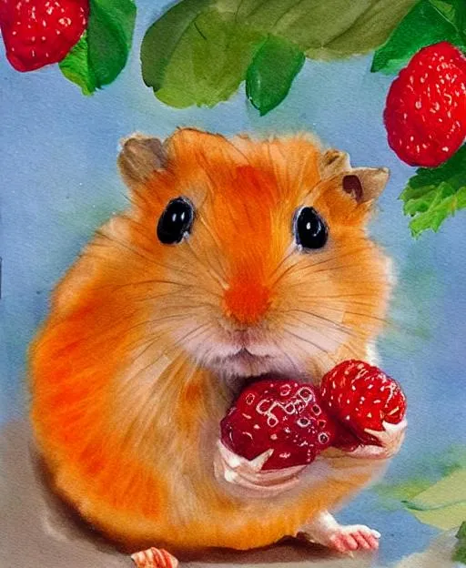 Prompt: orange syrian hamster painting, with berries