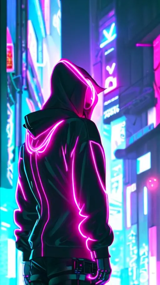 Prompt: Quality, 8k, anime, cyberpunk, neon back lighting, hooded male figure, glowing mask