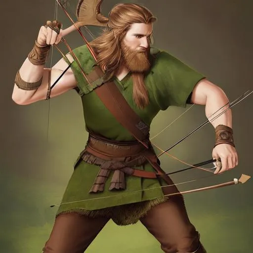 Prompt: digital art, viking man, 20 years old, brown hair, short hair, green eyes, green shirt, brown tunic, brown pants, bow and arrow