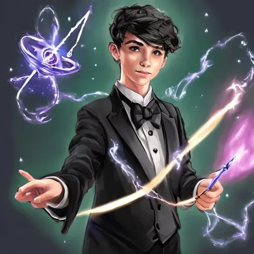 Prompt:  13-15 year old magic boy in a tuxedo casting magic spells  with a magic wand