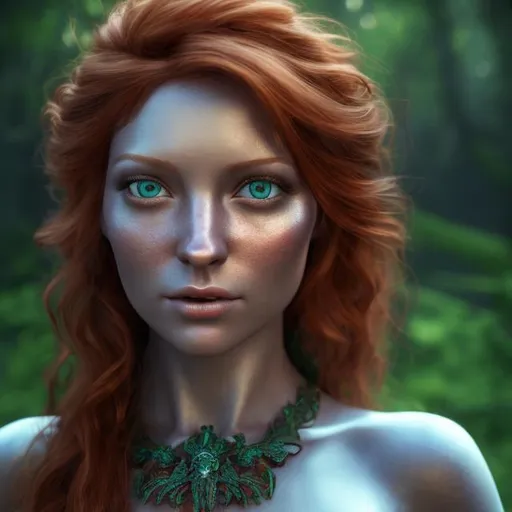 Prompt: HD 4k 3D professional modeling photo hyper realistic beautiful enchanting woman orphan adventurer copper hair fair skin blue eyes gorgeous face green dress pirate cave with treasure louisiana swamp diamonds and gems magical landscape hd background ethereal mystical mysterious beauty full body