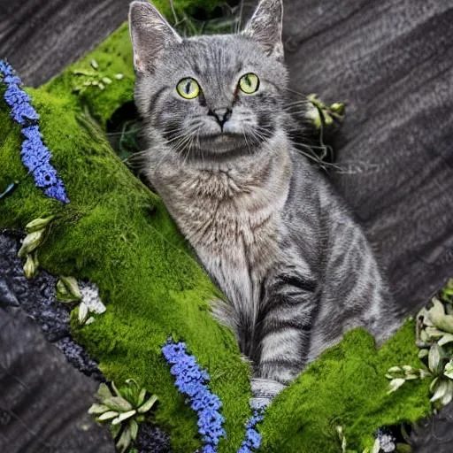 Prompt:  Insanely detailed elaborate beautiful hyper detailed greek god anime gray tabby cat with moss and flowers growing on sides 8k resolution ambient rays flowing from sides