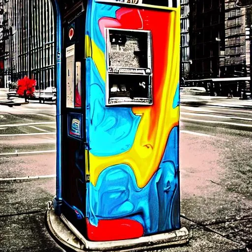 Prompt: a digital art picture of an old pay phone in the 1970s near a chicago L train station downtown chicago in vivid colors with a diverse group of people in abstract 3d