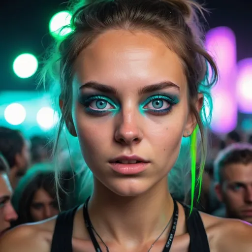 Prompt: extremely beautiful fashion model: sweaty hair, protruding eyes with an extremely big extremely dilated pupils close up, ecstasy drug extremely addicted, mdma extremely intoxicated. against the background of edm festival at night near a sound system with a loud sound speakers in neon ligth glowing