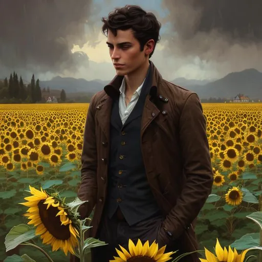Prompt: Splash art portrait of a skinny ruggedly handsome dark brown haired man with short hair, 30 years old, in a sunflower field, very dark brown eyes, victorian light clothes, elegant, highly detailed, intricate, smooth, sharp focus, artstation, digital painting, concept art, art by greg rutkowski, alphonse mucha and John William Waterhouse, light, romantic, nostalgic, warm colors, golden light