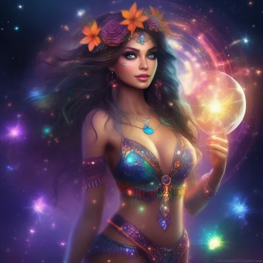 Prompt: A complete body form of a stunningly beautiful, hyper realistic, buxom woman with incredible bright eyes wearing a colorful, sparkling, dangling, glowing, skimpy, boho, flowing, sheer, fairy, witches outfit on a breathtaking night with stars and colors with glowing, detailed sprites flying about