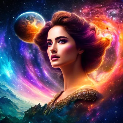 Prompt: create photograph of most beautiful fictional female goddess princes, extremely detailed face, space and planets an nebulae in sky highly detailed, extremely detailed environment, extremely detailed background, intricate, extremely detailed skin, natural colors , professionally color graded, photorealism, 8k, realistic, moody lighting, ambience lighting
