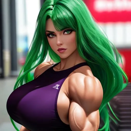 Prompt: {{green hair, red eyes}}
{{woman, enormous muscles, giant muscles, muscular woman, hulking, flexing, biceps, full body}}
{{tight clothing, {{purple clothing}}, high heels}}
perfect face, perfect body, photorealistic, hyperrealistic, photograph, 22mm lens, 4k, hard lighting