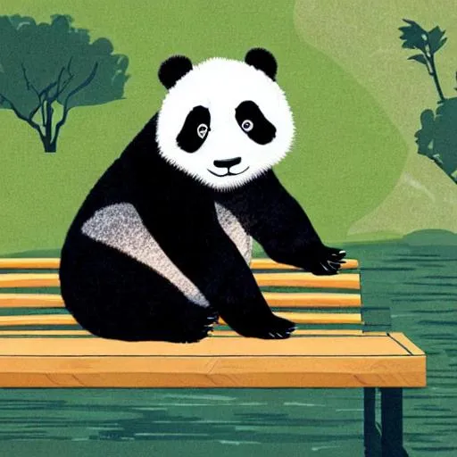 Prompt: Illustration of a panda standing on bench with river in background 