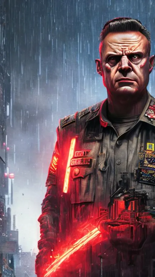 Prompt: hyper realistic image of angry Colonel Nathan R. Jessup in a cyberpunk world with a neon city behind him, 300 DPI