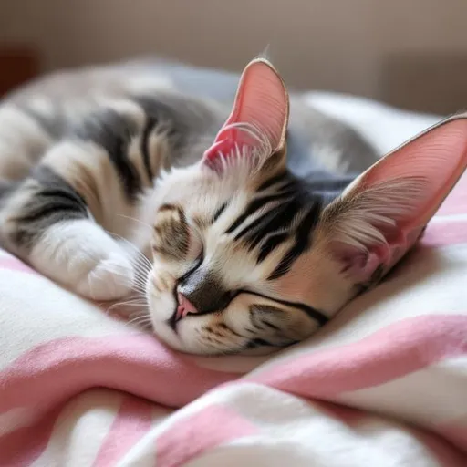 Prompt: striped pink and white cat sleeping