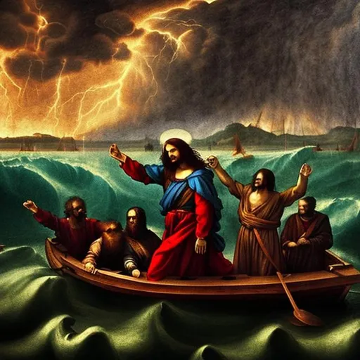 Prompt: Renaissance, film,  style of Leonardo da vinci, Jesus, disciples, oil painting, Lake, big waves on lake, boat, disciples in boat, Jesus standing on water, walking on water, thunderstorm, dark black clouds, lightning, windy, heavy rain