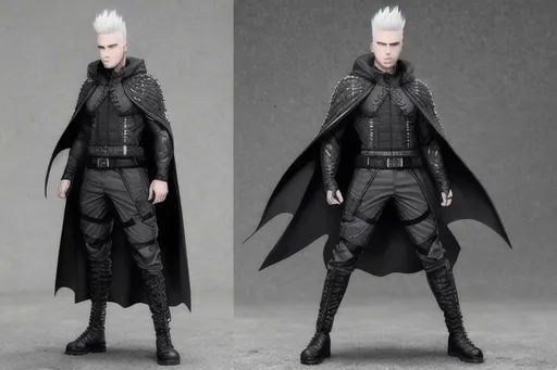 Prompt: JAXER KAZE : Hyper Detailed,  ultra realistic, white hair mohawk male in black tactical tech uniform poncho coat,  IN UNDERGROUND DAZZLING CRYSTAL CITY , superhero cape fight