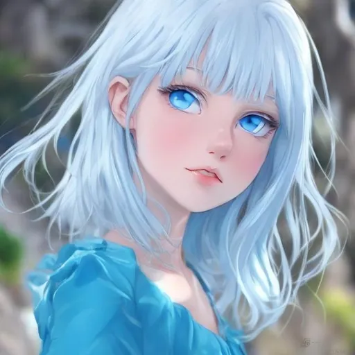 Prompt: white hair. ocean blue eyes. and a blue dress. realistic anime