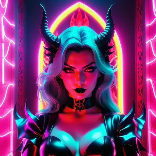 Prompt: beautiful female demon, hell, demonic, gothic, vaporwave, retro, neon, aesthetic, liminal, high quality, high definition, beautiful, dramatic lighting