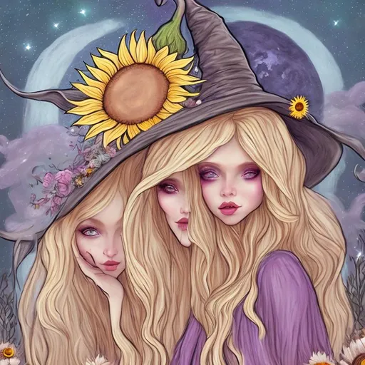 Prompt: witch with long blonde hair, using tarot cards, wearing witch hat, cute, sunflowers, aesthetic, pastel, fairycore, disney, pixar, moon, stars, witchcraft, in a starry pastel sky,  garden, sweet, dreamy, award winning illustration, artstation, highres