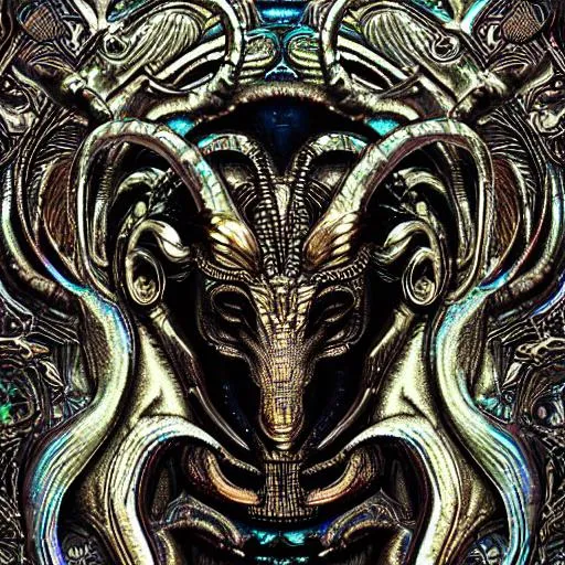 Prompt: Aries RAM. Intricate iridescent metallic details. beautiful background. H.R. Giger style