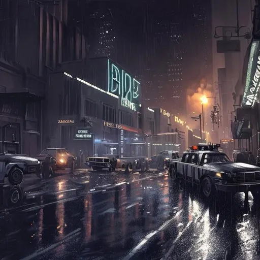 Prompt: A noir bank heist, background scene from Los Angeles,  concept art, ultra realistic, 8 k, painting, highly detailed, sci -fi, neon, rain, guns, firearms, robbery, a police car burning