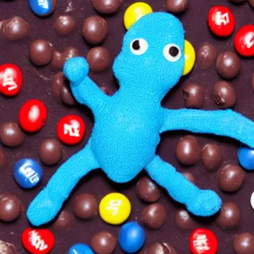 Prompt: a blue m&m chocolate with legs and arms and has gloves on his hands