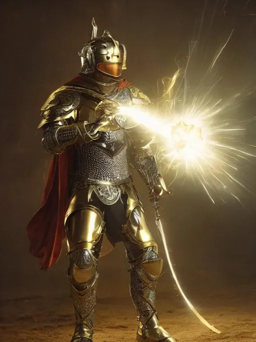 Prompt: a portrait of a man, silver crusader armor with gold lining, floating in space, holding a ball of electricity in his left hand, claymore in right hand, highly detailed