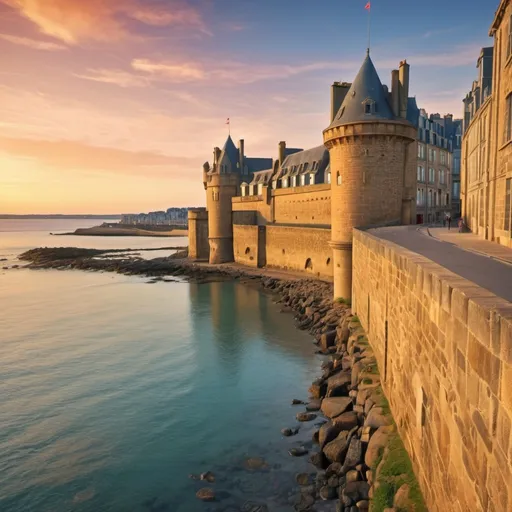 Prompt: Historic walled city of St Malo at sunset, golden hues, overlooking the tranquil sea, detailed architecture, high dynamic range, realistic, highres, sunset glow, coastal scene, medieval fortress, French landmark, scenic view, ancient cobblestone streets, serene atmosphere, HDR, 4k, atmospheric lighting