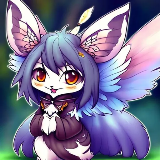 Prompt: Fox cat hybrid, with butterfly wings cute, chibi, anime, detailed, well made, smooth, full body