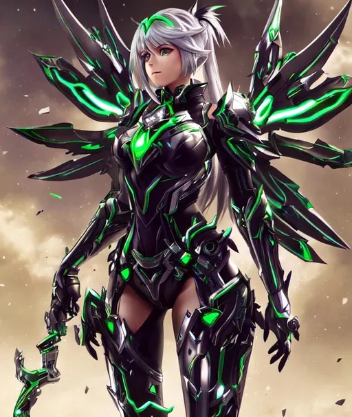 Prompt: , female, long silver and green glowing hair, wearing black gloves, green and silver scifi armor, V1 ULTRAKILL wings, Xenoblade 2 , conceptart 