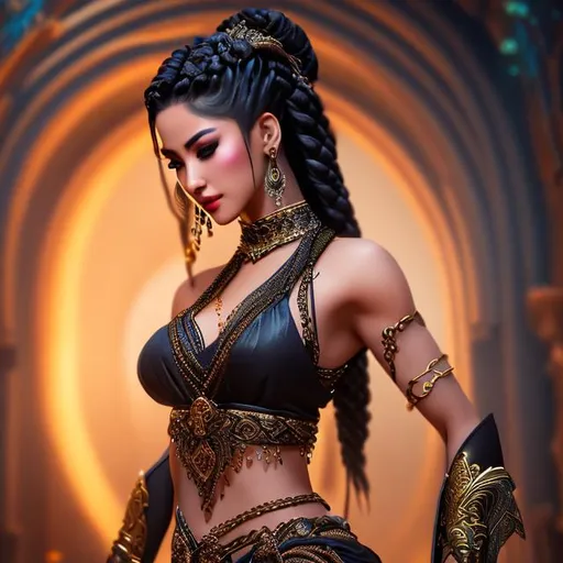 Prompt: Gorgeous, stunning, beautiful, otherworldly muscular Yuan-Ti martial artist goddess with long braided hair wearing a body chain and belly dancer costume, full body, centered, fantasy setting, character concept, cinematic, colorful background, concept art, dramatic lighting, highly detailed, hyper realistic, intricate sharp details, octane render, smooth, studio lighting, trending on art station, 8k, HDR, unreal engine, emotive, cgi, animated 