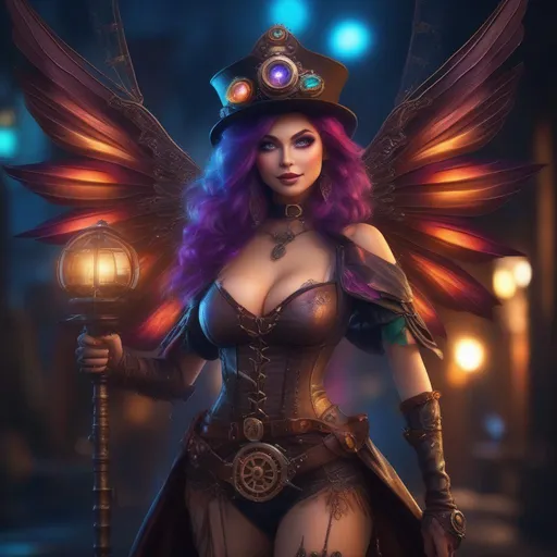 Prompt: Wide angle, 4k, 8k. Detailed Illustration. Full body in shot. Hyper realistic painting. Photo real. A beautiful, shapely woman with immaculate hands and vividly colorful, bright eyes. Shes a Steam Punk, gothic witch. A distinct Winged fairy, with a skimpy, colorful, gossamer, flowing outfit. On a picturesque Halloween night standing in a forest by a village. Concept art style. Matte painting. Epic. Cinematic.