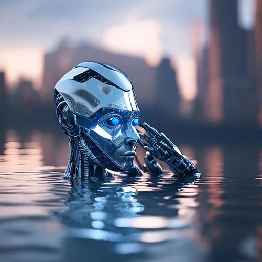 Prompt: An AI robot gazing at its reflection in water.