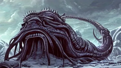 Prompt: leviathan, giant, huge, ice, eldritch, horror, worm, Lovecraft, cold, snow, glacier, ancient, dune, worm head, face, worm like