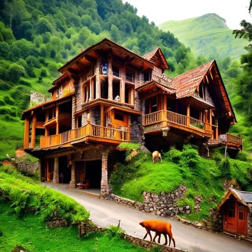 Prompt: A wood house in a valley with animals, happy setting, vibrant colors