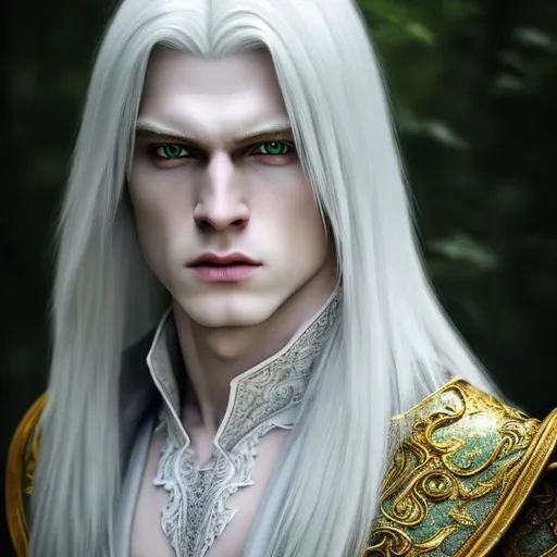 Prompt:  8K, HD, 3D, portrait of beautiful albino male, photorealistic, noble handsome male, proud pose,pale beautiful face, grey stunning eyes, extra long white straight hair, elegant green wizard clothes, intricate, detailed, charming male, light contrast, noble, perfect anatomy, gothic dark room ambient, perfect male beauty, golden ratio