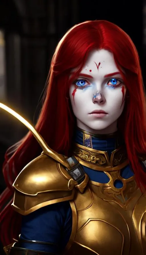 Prompt: Malenia, red hair, gold helmet, full face, very bloody face, glowing blue eyes, 