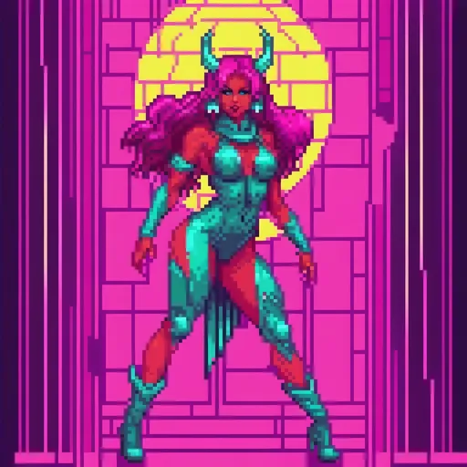 Prompt: a beautiful female demon in a dynamic pose in a retro futuristic synthwave cyberpunk neon paradise.  neon lighting, high quality, beautiful, masterpiece, artistic, synthwave, cyber, retro, futuristic