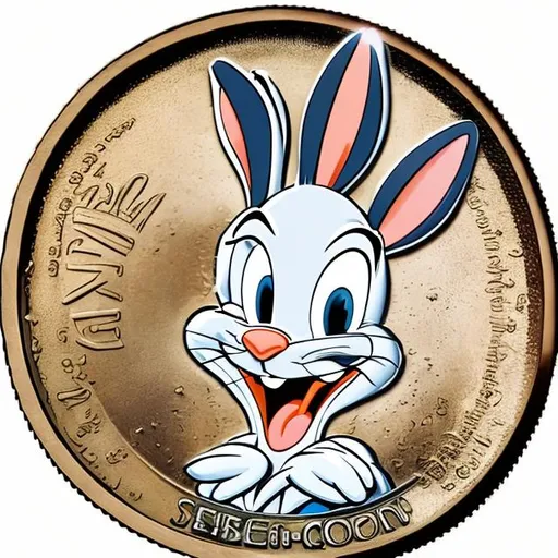 Prompt: Bugs Bunny, on a coin, surprise me