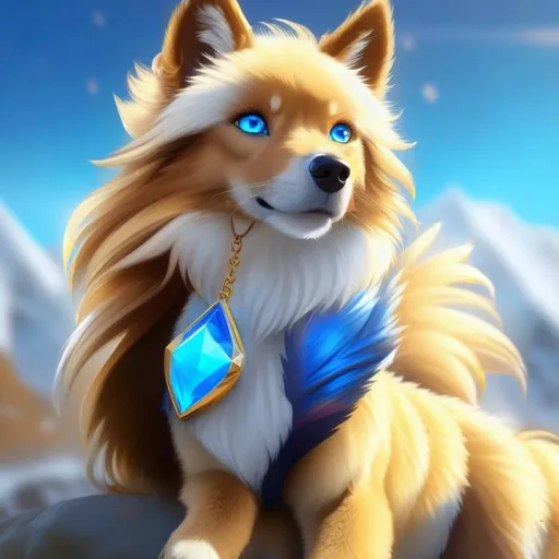 Prompt: make fur soft and hyper realistic, remove text, make hyper detailed glistening fur, (16k, ultra high definition, full body focus, hyper detailed, masterpiece, character concept art, best quality digital art, artstation, UHD) portrait of a beautiful female {quadrupedal canine}, hyper detailed fur, wind powers, golden-white fur and golden hairs, vivid crystal-blue eyes, 8k eyes, long blue ears, (sapphire sparkling rain), cute fangs, majestic wolf queen, playful like a fox, energetic like a deer, confident inviting smile, ears of blue point siamese cat, fur speckled with sapphire crystals, fluffy mane, insanely detailed fur, sharp expressive detailed eyes, insanely detailed face, in (fantasy garden), atmosphere filled with (sparkling rain) and (flower petals), highly detailed celestial background, pink and cyan flowers, cherry blossoms, mountains, auroras, pink twilight sky, Yuino Chiri, Kentaro Miura, Sylveon, soft light, vivid colors, unreal engine, high octane render