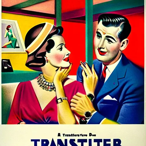 Prompt: 1950s style ad campaign poster for a large transistor wristwatch, a housewife and husband are standing in a jewelry store, vivid colors, advertising poster, cinematic lighting