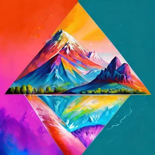 Prompt: landscape of a Colorful futuristic nature, a river, realistic, a big mountain in the shape of a perfect triangle, an eye in the center of the mountain, ultra details, best quality, 4K image