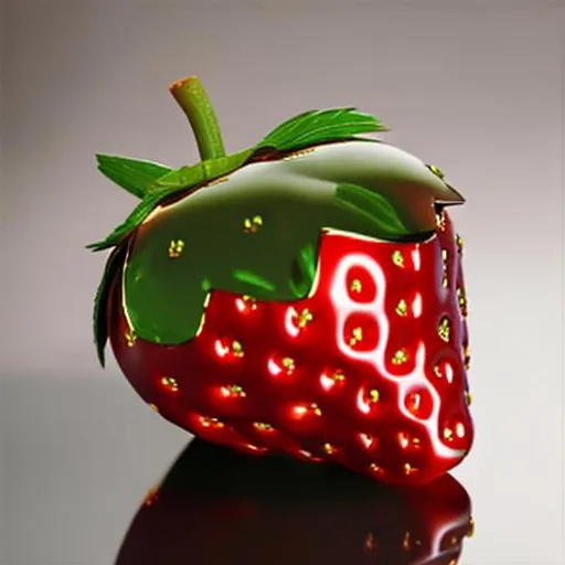 Prompt: chrome 3d strawberry with a leaf and reflections